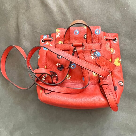 COACH Turnlock Rucksack Floral Print Mini Backpack Carmine Red Leather - Picture 3 of 5